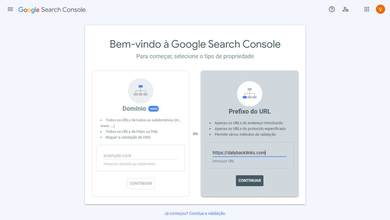 Adicionar o seu Site ou blog no Google Search Console com a opção Prefixo do URL