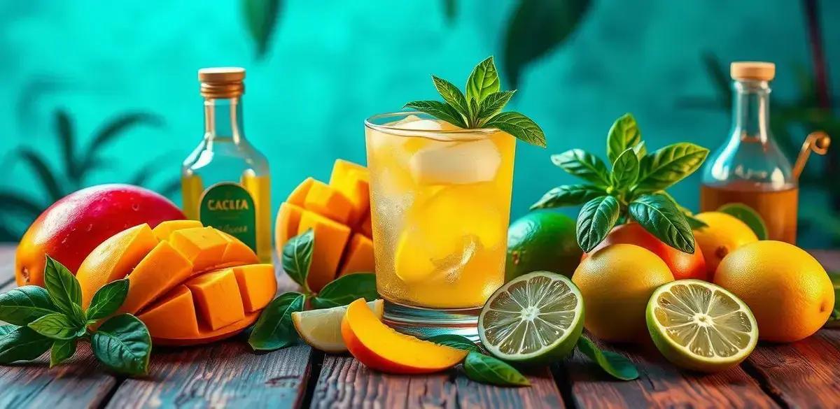 Ingredientes da Cachaça Tropical com Manga e Manjericão