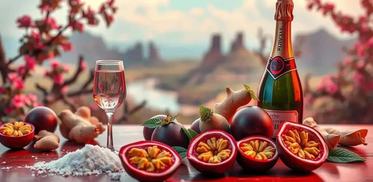 Ingredientes da receita de champagne com espuma de maracujá e gengibre