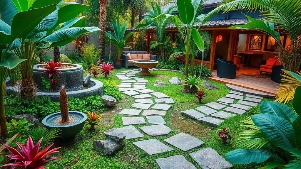Caminhos e elementos funcionais em jardins tropicais